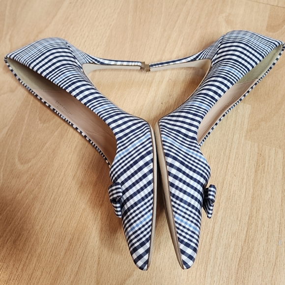 J. Crew Blue White Plaid Bow Pump Pointed Toe Heels Size 9.5 - Picture 8 of 16